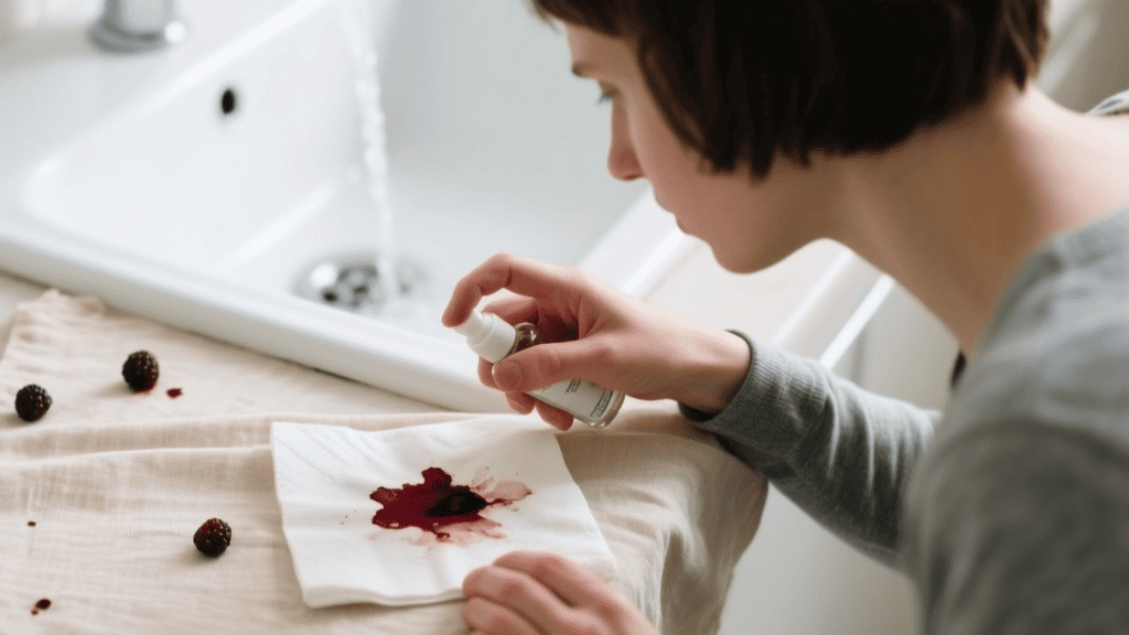 Удаление пятен кофе, вина и ягод с ткани Небольшое темное кофейное пятно на белой хлопковой салфетке. Рука аккуратно наносит раствор из маленького спрея на пятно от красного вина на бежевой льняной ткани. Видны также несколько пятен от ягод. На заднем плане размытая белая раковина с холодной водой.